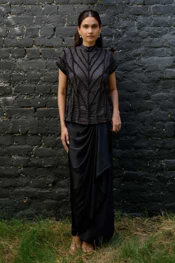 Shop Vedangi Agarwal Black Satin Mandarin Collar Embroidered Top And Draped Skirt Set Online at Aza Fashions Shop_Vedangi Agarwal_Black Satin Mandarin Collar Embroidered Top And Draped Skirt Set _Online_at_Aza_Fashions