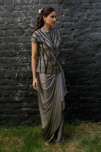 Vedangi Agarwal Silver Tissue Mandarin Collar Embroidered Top And Skirt Set Online at Aza Fashions Vedangi Agarwal_Silver Tissue Mandarin Collar Embroidered Top And Skirt Set _Online_at_Aza_Fashions