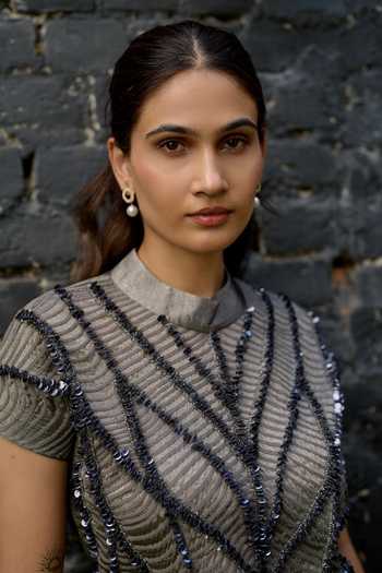 Buy Vedangi Agarwal Silver Tissue Mandarin Collar Embroidered Top And Skirt Set Online at Aza Fashions Buy_Vedangi Agarwal_Silver Tissue Mandarin Collar Embroidered Top And Skirt Set _Online_at_Aza_Fashions