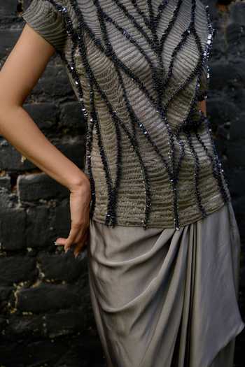Shop Vedangi Agarwal Silver Tissue Mandarin Collar Embroidered Top And Skirt Set Online at Aza Fashions Shop_Vedangi Agarwal_Silver Tissue Mandarin Collar Embroidered Top And Skirt Set _Online_at_Aza_Fashions