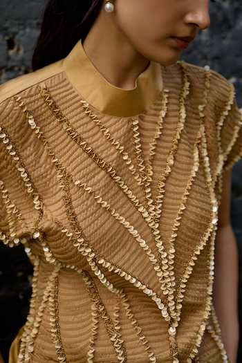 Vedangi Agarwal Gold Satin Mandarin Collar Embroidered Top And Skirt Set Online at Aza Fashions Vedangi Agarwal_Gold Satin Mandarin Collar Embroidered Top And Skirt Set _Online_at_Aza_Fashions