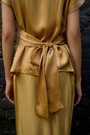 Buy Vedangi Agarwal Gold Satin Mandarin Collar Embroidered Top And Skirt Set Online at Aza Fashions Buy_Vedangi Agarwal_Gold Satin Mandarin Collar Embroidered Top And Skirt Set _Online_at_Aza_Fashions