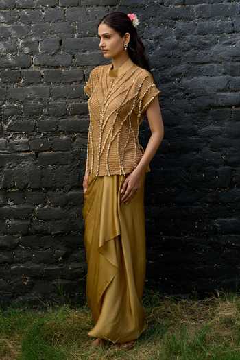 Shop Vedangi Agarwal Gold Satin Mandarin Collar Embroidered Top And Skirt Set Online at Aza Fashions Shop_Vedangi Agarwal_Gold Satin Mandarin Collar Embroidered Top And Skirt Set _Online_at_Aza_Fashions