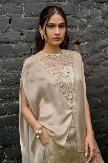 Vedangi Agarwal_Gold Georgette, Satin, Brocade High , Keyhole Cape Top Pant Set _Online_at_Aza_Fashions