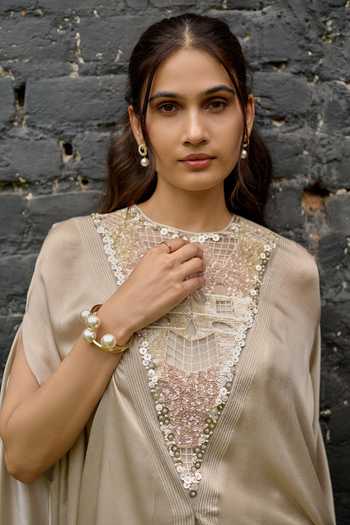 Buy_Vedangi Agarwal_Gold Georgette, Satin, Brocade High , Keyhole Cape Top Pant Set _Online_at_Aza_Fashions