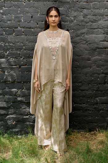 Shop_Vedangi Agarwal_Gold Georgette, Satin, Brocade High , Keyhole Cape Top Pant Set _Online_at_Aza_Fashions