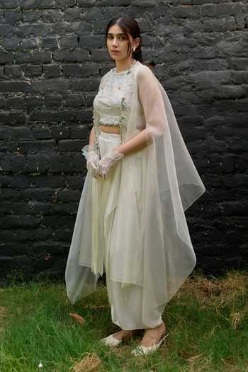 Shop Vedangi Agarwal White Organza, Satin, Bemberg Round Neck Placed Hand Embroidered Cape Skirt Set Online at Aza Fashions Shop_Vedangi Agarwal_White Organza, Satin, Bemberg Round Neck Placed Hand Embroidered Cape Skirt Set _Online_at_Aza_Fashions
