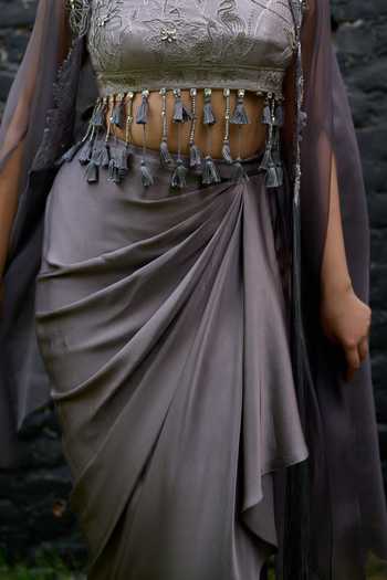 Vedangi Agarwal_Grey Organza, Chanderi, Satin Round Neck Placed Embroidered Cape Skirt Set _Online_at_Aza_Fashions