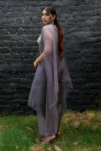 Buy_Vedangi Agarwal_Grey Organza, Chanderi, Satin Round Neck Placed Embroidered Cape Skirt Set _Online_at_Aza_Fashions