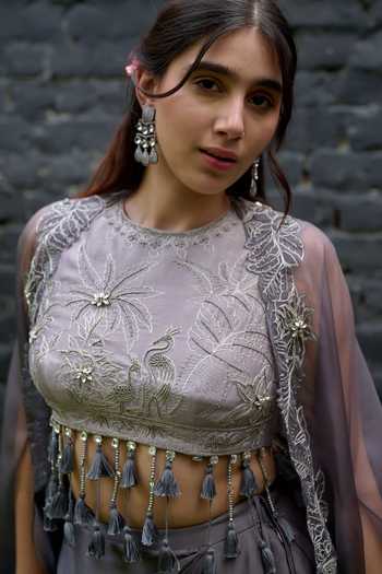 Shop_Vedangi Agarwal_Grey Organza, Chanderi, Satin Round Neck Placed Embroidered Cape Skirt Set _Online_at_Aza_Fashions