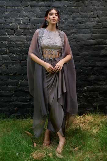 Vedangi Agarwal Placed Embroidered Cape Skirt Set 