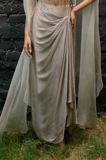 Vedangi Agarwal_Grey Organza, Georgette, Satin, Shantoon Round Sheer Cape And Draped Skirt Set _Online_at_Aza_Fashions