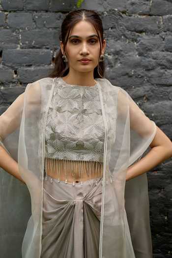 Buy_Vedangi Agarwal_Grey Organza, Georgette, Satin, Shantoon Round Sheer Cape And Draped Skirt Set _Online_at_Aza_Fashions