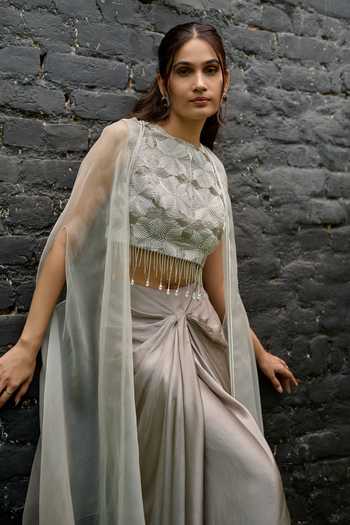 Shop_Vedangi Agarwal_Grey Organza, Georgette, Satin, Shantoon Round Sheer Cape And Draped Skirt Set _Online_at_Aza_Fashions