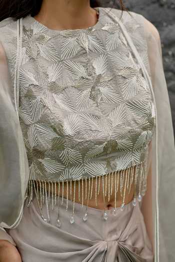 Vedangi Agarwal_Grey Organza, Georgette, Satin, Shantoon Round Sheer Cape And Draped Skirt Set _at_Aza_Fashions