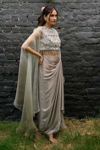 Vedangi Agarwal Sheer Cape & Draped Skirt Set 