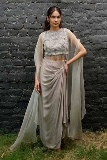 Vedangi Agarwal Sheer Cape & Draped Skirt Set 