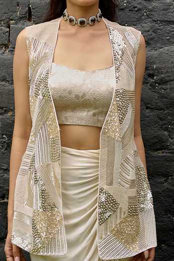 Vedangi Agarwal Ivory Brocade, Organza, Shantoon Bandeau Neck Hand Embellished Jacket Skirt Set Online at Aza Fashions Vedangi Agarwal_Ivory Brocade, Organza, Shantoon Bandeau Neck Hand Embellished Jacket Skirt Set _Online_at_Aza_Fashions