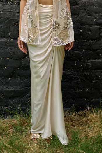 Buy Vedangi Agarwal Ivory Brocade, Organza, Shantoon Bandeau Neck Hand Embellished Jacket Skirt Set Online at Aza Fashions Buy_Vedangi Agarwal_Ivory Brocade, Organza, Shantoon Bandeau Neck Hand Embellished Jacket Skirt Set _Online_at_Aza_Fashions