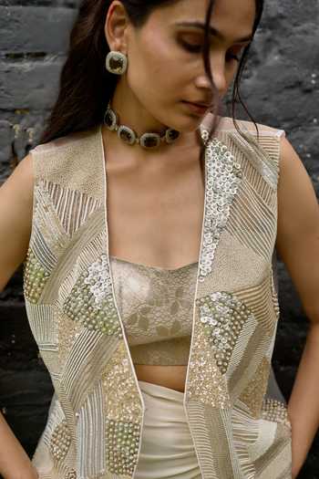 Shop Vedangi Agarwal Ivory Brocade, Organza, Shantoon Bandeau Neck Hand Embellished Jacket Skirt Set Online at Aza Fashions Shop_Vedangi Agarwal_Ivory Brocade, Organza, Shantoon Bandeau Neck Hand Embellished Jacket Skirt Set _Online_at_Aza_Fashions