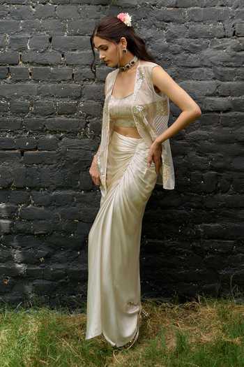 Buy Vedangi Agarwal Ivory Brocade, Organza, Shantoon Bandeau Neck Hand Embellished Jacket Skirt Set Buy_Vedangi Agarwal_Ivory Brocade, Organza, Shantoon Bandeau Neck Hand Embellished Jacket Skirt Set