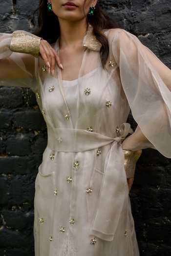 Vedangi Agarwal Beige Organza, Bemberg, Satin Collared Neck, Embellished Jacket And Dress Set Online at Aza Fashions Vedangi Agarwal_Beige Organza, Bemberg, Satin Collared Neck, Embellished Jacket And Dress Set _Online_at_Aza_Fashions