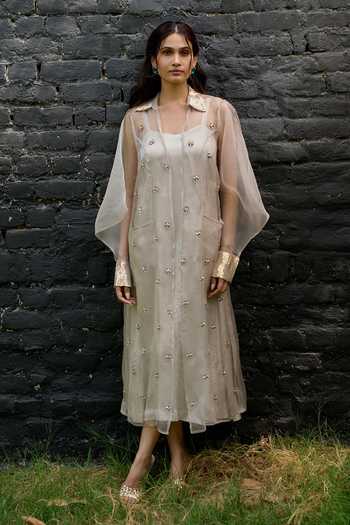 Shop Vedangi Agarwal Beige Organza, Bemberg, Satin Collared Neck, Embellished Jacket And Dress Set Online at Aza Fashions Shop_Vedangi Agarwal_Beige Organza, Bemberg, Satin Collared Neck, Embellished Jacket And Dress Set _Online_at_Aza_Fashions