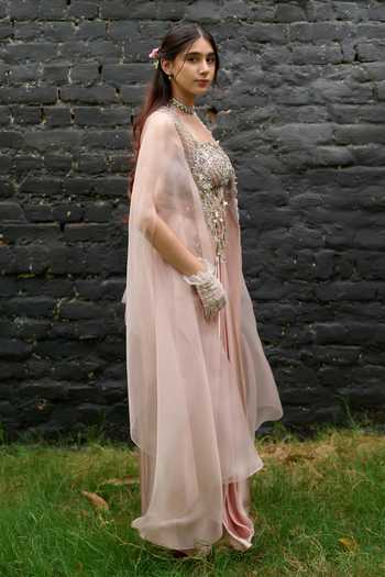 Vedangi Agarwal_Pink Organza, Chanderi, Satin, Net Square Neck Placed Embroidered Cape Skirt Set _Online_at_Aza_Fashions