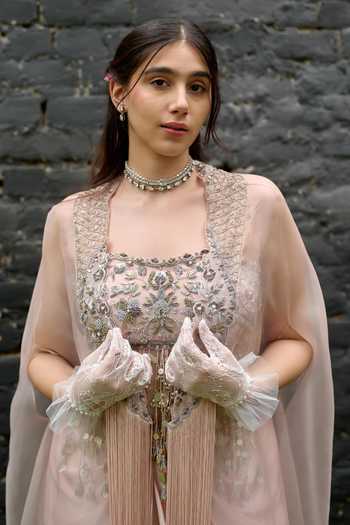 Buy_Vedangi Agarwal_Pink Organza, Chanderi, Satin, Net Square Neck Placed Embroidered Cape Skirt Set _Online_at_Aza_Fashions
