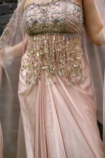 Shop_Vedangi Agarwal_Pink Organza, Chanderi, Satin, Net Square Neck Placed Embroidered Cape Skirt Set _Online_at_Aza_Fashions