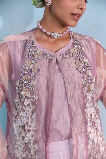 Vedangi Agarwal_Purple Organza, Mesh Round Neck Sequin Embroidered Jacket Skirt Set _Online_at_Aza_Fashions