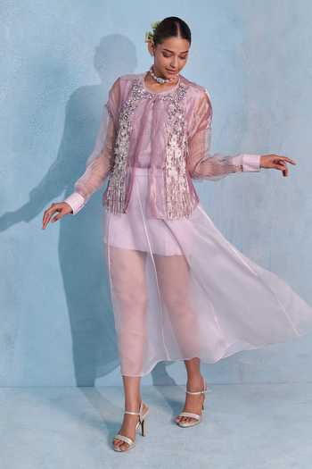 Buy_Vedangi Agarwal_Purple Organza, Mesh Round Neck Sequin Embroidered Jacket Skirt Set _Online_at_Aza_Fashions