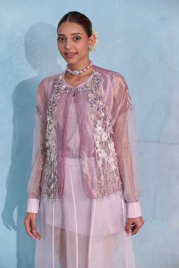 Shop_Vedangi Agarwal_Purple Organza, Mesh Round Neck Sequin Embroidered Jacket Skirt Set _Online_at_Aza_Fashions