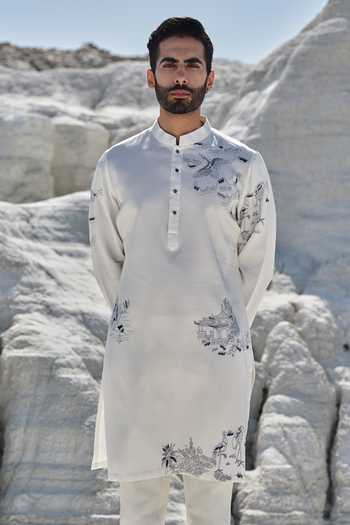 Amrit Dawani_Ivory Silk, Modal, Cotton Serenade Embroidered Kurta Set _Online_at_Aza_Fashions