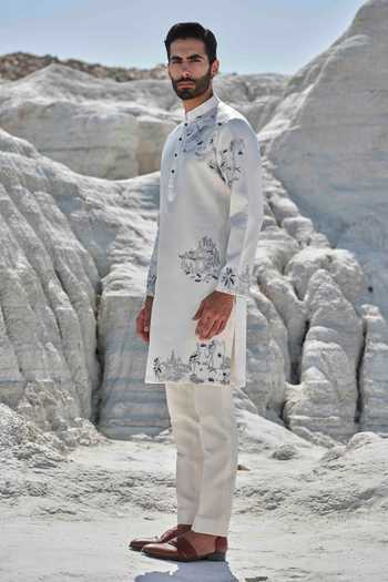 Shop_Amrit Dawani_Ivory Silk, Modal, Cotton Serenade Embroidered Kurta Set 