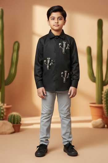 Little Luxe Black Cactus Embroidered Shirt 