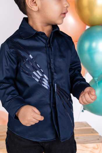 Little Luxe Navy Suiting Metallic Lace Shirt Online at Aza Fashions Little Luxe_Navy Suiting Metallic Lace Shirt _Online_at_Aza_Fashions