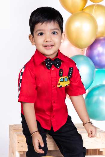 Little Luxe Red Car Racing Shirt With Bow Tie Online at Aza Fashions Little Luxe_Red Car Racing Shirt With Bow Tie _Online_at_Aza_Fashions