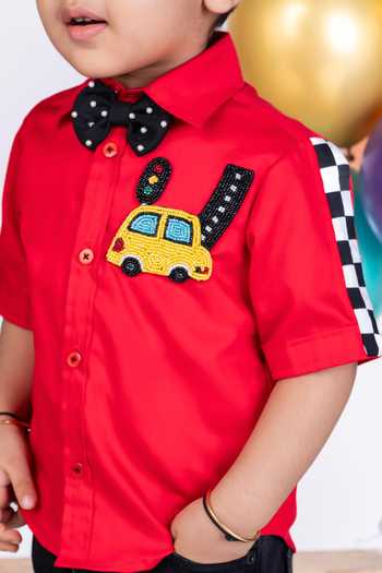 Buy Little Luxe Red Car Racing Shirt With Bow Tie Online at Aza Fashions Buy_Little Luxe_Red Car Racing Shirt With Bow Tie _Online_at_Aza_Fashions