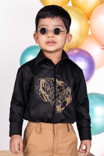 Buy Little Luxe Black Tiger Embellished Shirt Online at Aza Fashions Buy_Little Luxe_Black Tiger Embellished Shirt _Online_at_Aza_Fashions