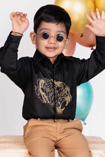 Shop Little Luxe Black Tiger Embellished Shirt Online at Aza Fashions Shop_Little Luxe_Black Tiger Embellished Shirt _Online_at_Aza_Fashions