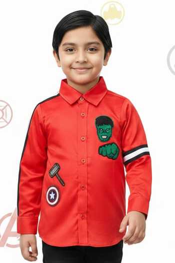 Buy Little Luxe Red Avengers Theme Shirt Online at Aza Fashions Buy_Little Luxe_Red Avengers Theme Shirt _Online_at_Aza_Fashions