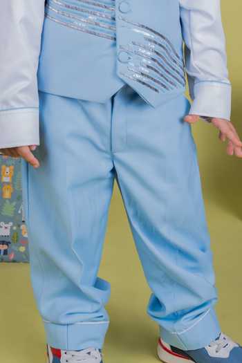 Buy Little Luxe Blue Suiting Cutdana Embellished Waistcoat And Pant Set Online at Aza Fashions Buy_Little Luxe_Blue Suiting Cutdana Embellished Waistcoat And Pant Set _Online_at_Aza_Fashions