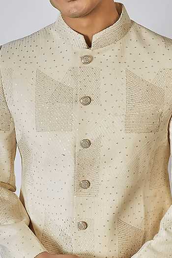 Rng Safawala White Silk, Cotton, Suede Embroidery Resham Achkan Set For Kids Online at Aza Fashions Rng Safawala_White Silk, Cotton, Suede Embroidery Resham Achkan Set For Kids_Online_at_Aza_Fashions