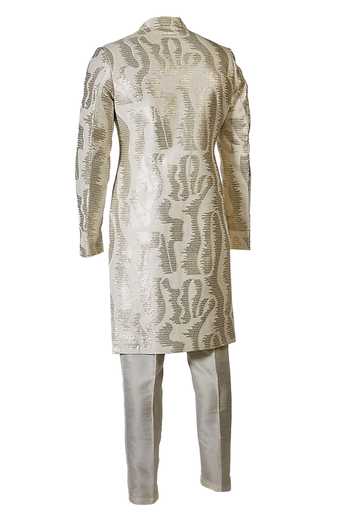 Rng Safawala White Resham Embroidered Achkan Set For Kids