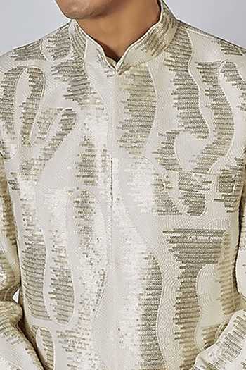 Rng Safawala White Silk, Cotton, Suede Embroidery Resham Achkan Set For Kids Online at Aza Fashions Rng Safawala_White Silk, Cotton, Suede Embroidery Resham Achkan Set For Kids_Online_at_Aza_Fashions
