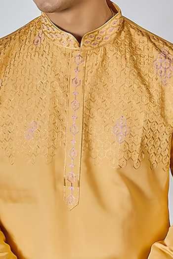 Rng Safawala_Yellow Cotton, Silk Embroidery Geometric Thread Kurta Set For Kids_Online_at_Aza_Fashions