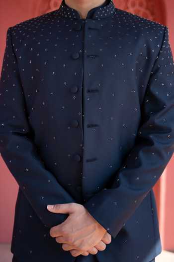 Kaaj Button X AZA_Blue Chanderi Silk, Suede Embroidery Hand Bandhgala Set For Kids_Online_at_Aza_Fashions