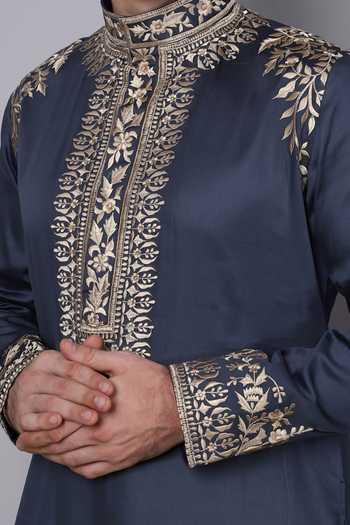 Menero_Blue Cotton Embroidery Thread Kurta Pant Set For Kids_Online_at_Aza_Fashions