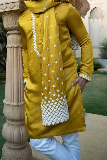 Kaaj Button X AZA Yellow Satin, Cotton, Linen Embroidery Geometric Mustard Kurta Set For Kids Online at Aza Fashions Kaaj Button X AZA_Yellow Satin, Cotton, Linen Embroidery Geometric Mustard Kurta Set For Kids_Online_at_Aza_Fashions